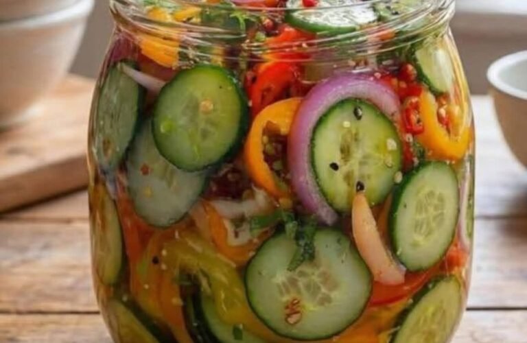 Here is your SEO-friendly recipe article for your website, **Classic Pickled Vegetable Slaw**, with a detailed introduction, preparation tips, serving suggestions, storage instructions, and a complete recipe card. # Classic Pickled Vegetable Slaw Recipe ## Introduction Classic Pickled Vegetable Slaw is a crunchy, colorful, and flavorful refrigerator pickle recipe made with fresh vegetables and a simple sweet-and-sour vinegar mixture. This easy homemade slaw combines firm vegetables, tangy vinegar, a touch of sweetness, and mustard seeds to create a refreshing side dish that pairs beautifully with a wide variety of meals. Unlike traditional coleslaw, which is usually prepared with a creamy mayonnaise-based dressing, this pickled vegetable slaw features a light vinegar-based brine that gives the vegetables a bright, tangy flavor. The vegetables remain pleasantly crunchy, making this recipe an excellent choice for sandwiches, hot dogs, tacos, salads, and everyday meals. One of the best things about this recipe is how simple it is to prepare. There is no complicated canning process or special preservation equipment required. You simply slice the vegetables, prepare the pickling liquid, combine everything in jars, and refrigerate until the flavors develop. The combination of fresh vegetables, vinegar, sugar, salt, and mustard seeds creates a balanced flavor that is both refreshing and satisfying. Whether you prefer carrots, cabbage, bell peppers, cucumbers, or radishes, this recipe allows you to create a colorful vegetable mixture using your favorite ingredients. Classic Pickled Vegetable Slaw is also a convenient make-ahead recipe. Once prepared, it can be kept refrigerated and served whenever you need a crunchy, tangy topping to brighten up a meal. ## What Is Classic Pickled Vegetable Slaw? Classic Pickled Vegetable Slaw is a refrigerator pickle made by combining thinly sliced raw vegetables with a sweet-and-sour vinegar mixture. The vegetables are cut into thin strips or julienne pieces and placed in jars. A pickling liquid made with distilled white vinegar, sugar, kosher salt, mustard seeds, and cold water is poured over the vegetables. As the slaw rests in the refrigerator, the vegetables gradually absorb the flavors of the pickling mixture. The result is a crunchy, colorful vegetable topping with a refreshing balance of sweetness and acidity. Unlike traditional canned pickles, this recipe is designed for refrigerator storage rather than shelf-stable preservation. It is a simple way to prepare flavorful vegetables without a complicated canning process. ## Why You'll Love This Pickled Vegetable Slaw Recipe ### Easy Refrigerator Preparation This recipe is simple enough for beginners. The vegetables are prepared, the vinegar mixture is heated briefly, and everything is combined in jars before refrigeration. There is no need for a complicated canning process, making it a convenient option for everyday cooking. ### Crunchy and Colorful Vegetables The recipe uses firm, raw vegetables that retain their texture during the refrigerator pickling process. Carrots, cabbage, bell peppers, cucumbers, radishes, and onions create a colorful mixture that looks appealing and adds a satisfying crunch to meals. ### Sweet and Tangy Flavor The combination of distilled white vinegar, sugar, and kosher salt creates the signature sweet-and-sour flavor. Mustard seeds add another layer of flavor, while optional jalapeno or hot pepper flakes provide a little heat. ### Easy to Customize You can choose from several different vegetables depending on what you have available. The recipe works well with a mixture of colorful vegetables, allowing you to create a slaw that suits your personal preferences. ### Perfect for Everyday Meals Pickled vegetable slaw can be used in sandwiches, hot dogs, tacos, and salads. It is also a convenient addition to picnics and casual meals because it can be prepared ahead of time and served straight from the refrigerator. ## Ingredients for Classic Pickled Vegetable Slaw This recipe uses a simple combination of fresh vegetables and a homemade pickling mixture. ### Slaw Mixture **Mixed Firm Vegetables:** Use 4 to 5 cups of mixed slivered or julienned firm, raw vegetables. Choose from carrots, cabbage, radishes, bell peppers, cucumbers, sugar snap peas, and onions. **Optional Jalapeno or Hot Pepper Flakes:** Add a few slivers of jalapeno or a small amount of hot pepper flakes if you prefer a spicy slaw. ### Pickling Mixture **Distilled White Vinegar:** One cup of distilled white vinegar provides the tangy flavor that gives the slaw its pickled character. **Sugar:** Six tablespoons of sugar balance the acidity of the vinegar and create a pleasant sweet-and-sour taste. **Kosher Salt:** Three teaspoons of kosher salt add seasoning and enhance the flavor of the vegetables. **Mustard Seeds:** Two tablespoons of mustard seeds provide a distinctive flavor that complements the vinegar mixture. **Cold Water:** One cup of cold water is added after heating the pickling mixture to help lower its temperature. ## Choosing the Best Vegetables The quality of the vegetables makes a noticeable difference in the finished slaw. Choose vegetables that are firm, fresh, and crisp. Fresh vegetables provide the best texture and help create a colorful mixture that looks attractive in jars. The recipe calls for 4 to 5 cups of mixed vegetables, giving you plenty of flexibility to choose your favorite combination. ### Carrots Carrots add natural sweetness, bright color, and a pleasant crunch. Cut them into thin strips or julienne pieces so they fit easily into jars and absorb the pickling mixture. ### Bell Peppers Red, orange, yellow, and green bell peppers create a colorful vegetable mixture. They add a mild sweetness and a crisp texture that works especially well in sandwiches and tacos. ### Cabbage Cabbage is a classic choice for slaw recipes. Thinly sliced cabbage provides a familiar slaw texture and combines well with carrots and bell peppers. ### Cucumbers Firm cucumbers add a refreshing crunch and a mild flavor. Choose fresh cucumbers that are firm and free from soft spots. ### Radishes Radishes provide a crisp texture and a slightly peppery flavor. Their bright color can also make the finished slaw more visually appealing. ### Onions Thinly sliced onions add a savory flavor that complements the sweetness and acidity of the pickling mixture. ### Sugar Snap Peas Fresh sugar snap peas contribute a crisp texture and a mild sweetness. They work well alongside carrots, cabbage, and bell peppers. ## How to Prepare the Vegetables Before making the pickling mixture, wash and dry the vegetables thoroughly. Remove any damaged portions and prepare the vegetables using a sharp knife or vegetable slicer. Cut the vegetables into thin strips or julienne pieces. Thinly sliced vegetables are easier to serve and fit more naturally into jars. Measure 4 to 5 cups of the prepared vegetables. If you want a spicy slaw, add a few thin slices of jalapeno or a small amount of hot pepper flakes. Keep the vegetable pieces relatively uniform so the finished slaw has a consistent texture. ## How to Make the Pickling Mixture The pickling mixture is responsible for the sweet-and-sour flavor of the slaw. To prepare it, combine the distilled white vinegar, sugar, kosher salt, and mustard seeds in a small non-reactive saucepan. Place the saucepan over moderate heat and bring the mixture to a gentle simmer. Stir until the sugar and salt dissolve completely. There is no need to boil the mixture for an extended period. Once the sugar and salt have dissolved, remove the saucepan from the heat. Stir in one cup of cold water. Allow the mixture to cool until it reaches a lukewarm temperature before pouring it over the prepared vegetables. ## Choosing the Right Pot Because the pickling mixture contains vinegar, it is important to use a non-reactive saucepan. Stainless steel is a suitable choice for preparing the vinegar mixture. Avoid using an aluminum pot because acidic ingredients can react with certain metals. A suitable non-reactive saucepan helps keep the preparation simple and allows the vinegar mixture to be heated safely. ## How to Make Classic Pickled Vegetable Slaw ### Step 1: Prepare the Vegetables Wash and dry your chosen vegetables. Cut them into thin strips or julienne pieces using a sharp knife, mandoline, julienne peeler, or food processor with slicing blades. Measure 4 to 5 cups of mixed vegetables. If desired, add a few slivers of jalapeno or a small amount of hot pepper flakes. ### Step 2: Combine the Pickling Ingredients In a small non-reactive saucepan, combine the distilled white vinegar, sugar, kosher salt, and mustard seeds. Place the saucepan over moderate heat. Bring the mixture to a gentle simmer, stirring until the sugar and salt dissolve completely. ### Step 3: Add the Cold Water Remove the saucepan from the heat. Stir in one cup of cold water to help lower the temperature of the pickling mixture. Allow the mixture to cool until it reaches a lukewarm temperature. ### Step 4: Fill the Jars Divide the prepared vegetables evenly between three or four pint jars or two quart jars. Arrange the vegetables loosely so the pickling liquid can flow around them. If you are making a spicy version, distribute the jalapeno or hot pepper flakes among the jars. ### Step 5: Add the Pickling Mixture Pour the cooled vinegar mixture over the vegetables. Make sure the vegetables are completely covered by the liquid. If necessary, gently adjust the vegetables so they remain beneath the surface of the pickling mixture. ### Step 6: Refrigerate the Slaw Place the jars in the refrigerator. Allow the vegetables to rest in the pickling mixture so they can gradually develop their sweet-and-sour flavor. The slaw will be lightly pickled after about one hour and will develop a stronger pickled flavor after approximately one day. ### Step 7: Serve and Enjoy Once the vegetables have developed the flavor you prefer, serve the slaw as a crunchy topping or side dish. Use it in sandwiches, hot dogs, tacos, salads, or other meals that benefit from a tangy vegetable topping. Keep the remaining slaw refrigerated and make sure the vegetables remain covered in the pickling mixture. ## Tips for the Best Pickled Vegetable Slaw ### Use Fresh, Firm Vegetables Fresh vegetables provide the best crunch and help create a colorful finished slaw. Avoid vegetables that are soft, wilted, or damaged. ### Slice the Vegetables Thinly Thin strips are easier to serve and allow the vegetables to absorb the pickling mixture more evenly. A mandoline, julienne peeler, or food processor can make the preparation faster. ### Choose a Colorful Combination Using a mixture of carrots, cabbage, and different colored bell peppers creates a bright and attractive slaw. You can choose your favorite vegetables while keeping the total amount between 4 and 5 cups. ### Dissolve the Sugar and Salt Completely Heat the vinegar mixture until the sugar and salt dissolve. This helps create a balanced pickling liquid with an even distribution of flavor. ### Allow the Mixture to Cool Let the pickling mixture cool to lukewarm before pouring it over the vegetables. This follows the preparation method for the refrigerator slaw and helps keep the process simple. ### Keep the Vegetables Covered Make sure the vegetables remain completely covered by the pickling liquid while refrigerated. This is an important part of storing the slaw. ### Give the Slaw Enough Time The vegetables will be lightly pickled after about one hour. For a stronger flavor, allow them to rest in the refrigerator for approximately one day. ## How to Serve Pickled Vegetable Slaw One of the best things about this recipe is its versatility. The crunchy vegetables and sweet-and-sour flavor make it a useful addition to many different meals. ### Pickled Vegetable Slaw on Sandwiches Add a layer of pickled vegetable slaw to your favorite sandwich. The crunchy vegetables provide a refreshing contrast to soft bread and savory fillings. This is an easy way to add extra texture and tangy flavor to a simple lunch. ### Pickled Vegetable Slaw with Hot Dogs Pickled vegetable slaw makes a delicious topping for grilled hot dogs. Its crunchy texture and sweet-and-sour flavor complement the savory taste of the hot dog. For extra heat, add jalapeno slices or hot pepper flakes. ### Pickled Vegetable Slaw in Tacos Use the slaw as a topping for tacos. A small amount of pickled vegetables adds crunch and a refreshing tangy flavor. The slaw can be added directly from the refrigerator just before serving. ### Pickled Vegetable Slaw in Salads Add the slaw to a salad for extra texture and flavor. The pickled vegetables provide a pleasant contrast to fresh greens and other salad ingredients. You can also use a small amount as a topping for a simple vegetable salad. ### Pickled Vegetable Slaw for Picnics This refrigerator slaw can be prepared ahead of time and served as part of a meal. Keep it refrigerated until serving and use clean utensils when handling it. ## How to Make the Slaw Spicy If you enjoy a little heat, this recipe can easily be adjusted. Add a few thin slices of jalapeno to the prepared vegetables before pouring in the pickling mixture. Alternatively, sprinkle in a small amount of hot pepper flakes. You can also divide the vegetables between separate jars and make one mild version and one spicy version. This allows you to enjoy different flavor variations using the same basic recipe. ## Storage Instructions Classic Pickled Vegetable Slaw is designed for refrigerator storage. After preparing the slaw, place the jars in the refrigerator and keep the vegetables completely covered by the pickling mixture. The supplied recipe indicates that the slaw can be kept refrigerated for up to a month or longer. However, this is not a tested shelf-life guarantee, and the mixture should not be treated as a shelf-stable canned pickle. For food safety, keep the jars refrigerated and use clean utensils when serving. Discard the slaw if you notice mold, unusual odors, or other signs of spoilage. ## Frequently Asked Questions ### How Long Does Pickled Vegetable Slaw Take to Make? The preparation takes approximately 20 minutes, followed by about 5 minutes of heating and additional cooling time. The vegetables can be lightly pickled after about one hour in the refrigerator, while a stronger flavor develops after approximately one day. ### Can I Use Different Vegetables? Yes. The recipe is flexible and allows you to use a combination of firm, raw vegetables. Carrots, cabbage, radishes, bell peppers, cucumbers, sugar snap peas, and onions are all suitable options. ### Can I Make This Slaw Spicy? Yes. Add a few slivers of jalapeno or a small amount of hot pepper flakes to create a spicy version. You can also prepare separate mild and spicy jars. ### Does This Recipe Require Canning? No. This is a refrigerator slaw recipe. The vegetables are combined with the pickling mixture and stored in the refrigerator rather than processed for shelf-stable storage. ### When Is the Slaw Ready to Eat? The vegetables will be lightly pickled after about one hour. For a stronger sweet-and-sour flavor, allow the slaw to rest in the refrigerator for approximately one day. ### How Should I Store Pickled Vegetable Slaw? Keep the slaw in jars in the refrigerator and make sure the vegetables remain completely covered in the pickling mixture. Use clean utensils when serving. ## Final Thoughts Classic Pickled Vegetable Slaw is a simple and flavorful way to enjoy fresh vegetables with a sweet-and-sour twist. Its crunchy texture, colorful appearance, and refreshing vinegar flavor make it a versatile addition to sandwiches, hot dogs, tacos, salads, and everyday meals. With a few basic ingredients and a straightforward refrigerator preparation method, you can create a homemade slaw that is easy to customize and convenient to serve. Whether you prefer a mild vegetable mixture or a spicy version with jalapeno, this recipe offers a practical way to add a little extra crunch and flavor to your favorite dishes. --- # Classic Pickled Vegetable Slaw Recipe Card ## **Classic Pickled Vegetable Slaw** **Description:** A crunchy, colorful refrigerator slaw made with firm raw vegetables and a sweet-and-sour vinegar pickling mixture. Perfect for sandwiches, hot dogs, tacos, salads, and other meals. ### Recipe Information * **Course:** Side Dish * **Cuisine:** American * **Difficulty:** Easy * **Yield:** 3–4 pint jars or 2 quart jars * **Preparation Time:** 20 minutes * **Cooking Time:** 5 minutes * **Cooling Time:** Approximately 18 minutes * **Pickling Time:** 1 hour for lightly pickled vegetables; 1 day for a stronger flavor * **Total Active Time:** Approximately 25 minutes ### Ingredients #### Slaw Mixture * 4 to 5 cups mixed slivered or julienned firm, raw vegetables * Optional: A few slivers of jalapeno or hot pepper flakes #### Pickling Mixture * 1 cup distilled white vinegar * 6 tablespoons sugar * 3 teaspoons kosher salt * 2 tablespoons mustard seeds * 1 cup cold water ### Instructions **Step 1: Prepare the Vegetables** Wash and dry the vegetables. Cut them into thin strips or julienne pieces. Measure 4 to 5 cups of mixed vegetables. Add jalapeno or hot pepper flakes if desired. **Step 2: Make the Pickling Mixture** In a small non-reactive saucepan, combine the distilled white vinegar, sugar, kosher salt, and mustard seeds. Heat over moderate heat until the mixture reaches a gentle simmer. Stir until the sugar and salt dissolve. **Step 3: Add the Cold Water** Remove the saucepan from the heat and stir in one cup of cold water. Allow the mixture to cool until lukewarm. **Step 4: Fill the Jars** Divide the prepared vegetables between three or four pint jars or two quart jars. **Step 5: Add the Pickling Mixture** Pour the cooled vinegar mixture over the vegetables. Make sure the vegetables are completely covered by the liquid. **Step 6: Refrigerate** Place the jars in the refrigerator. The slaw will be lightly pickled after about one hour and will develop a stronger pickled flavor after approximately one day. **Step 7: Serve** Use the slaw as a crunchy topping for sandwiches, hot dogs, tacos, salads, and other meals. ### Storage Instructions * Keep refrigerated. * Make sure the vegetables remain completely covered in the pickling mixture. * Use clean utensils when serving. * This is a refrigerator recipe, not a shelf-stable canned pickle. ### Recipe Notes * Use firm, raw vegetables for the best texture. * A non-reactive saucepan, such as stainless steel, is recommended. * Do not use an aluminum pot for the vinegar mixture. * Adjust the vegetable combination according to your preferences. * Add jalapeno or hot pepper flakes for extra heat. * Keep the finished slaw refrigerated. **SEO Title:** Classic Pickled Vegetable Slaw Recipe – Easy Refrigerator Pickles **Meta Description:** Make crunchy, colorful pickled vegetable slaw with fresh vegetables, vinegar, sugar, and mustard seeds. An easy refrigerator recipe for sandwiches, tacos, and salads.